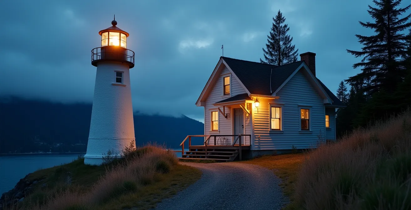 Active automated lighthouse with LED beacon glowing at dusk on Canadian Pacific coast