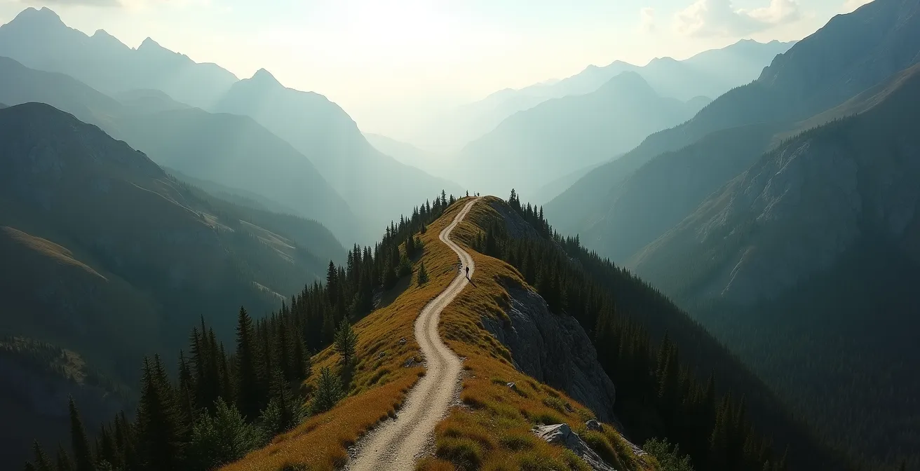 Aerial wide shot of isolated mountain trail in Jasper showing vast wilderness