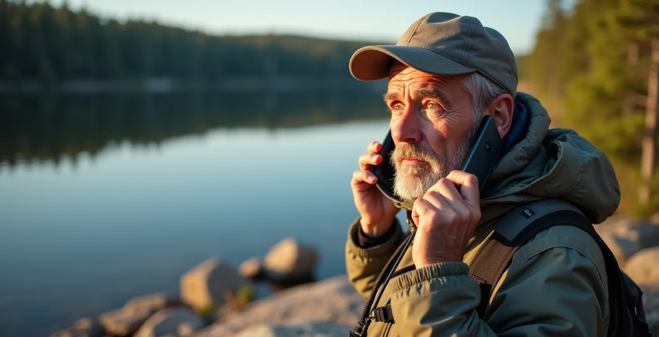 Angler using satellite phone on remote Northern Ontario lake with wilderness backdrop