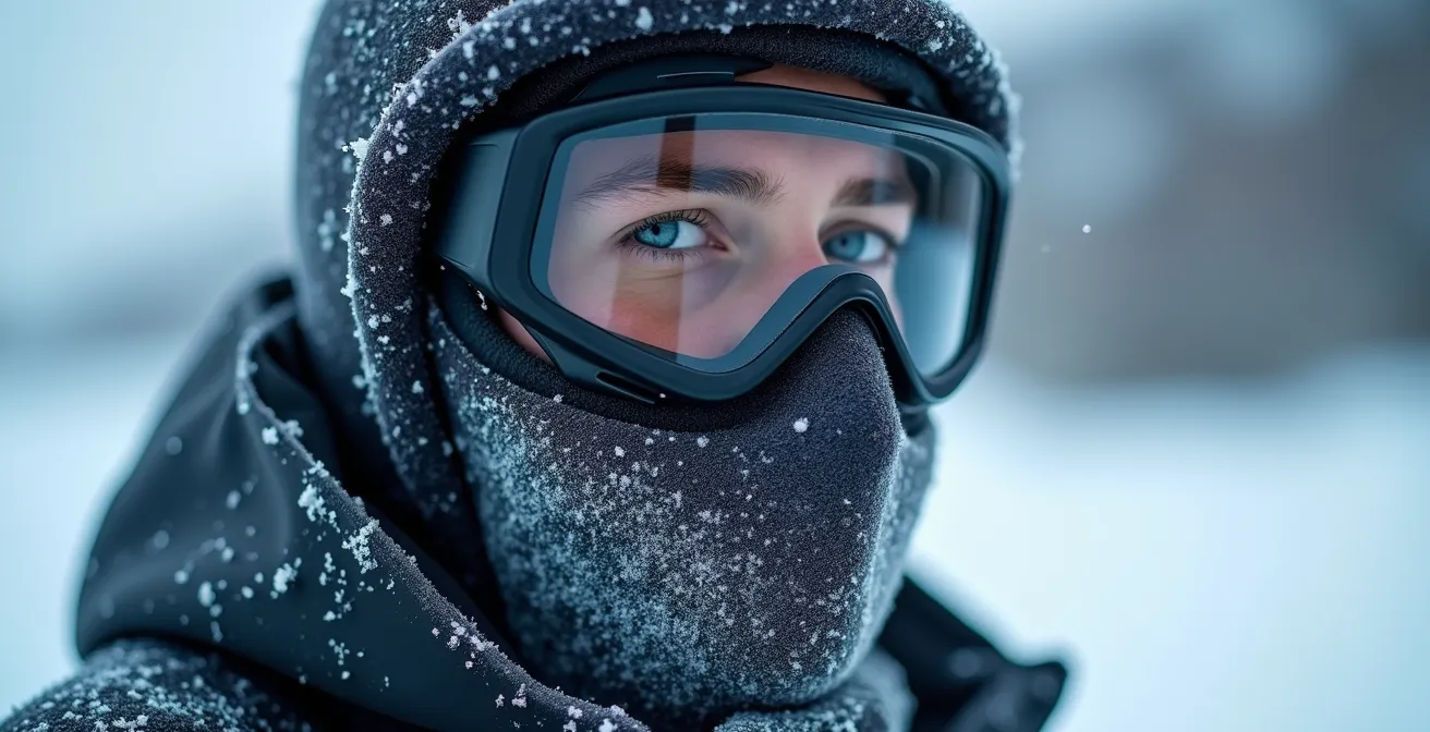Close-up of Arctic traveler's face protection gear against harsh coastal winds