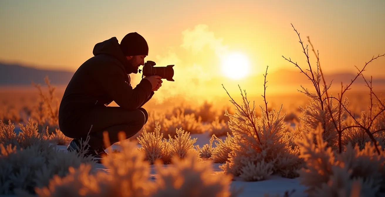 Arctic tundra bathed in extended golden hour light with a photographer's silhouette