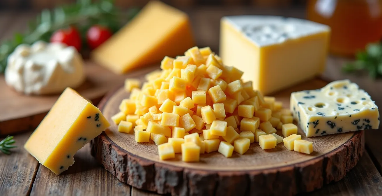 Close-up of artisanal Quebec cheeses displayed on rustic wooden boards