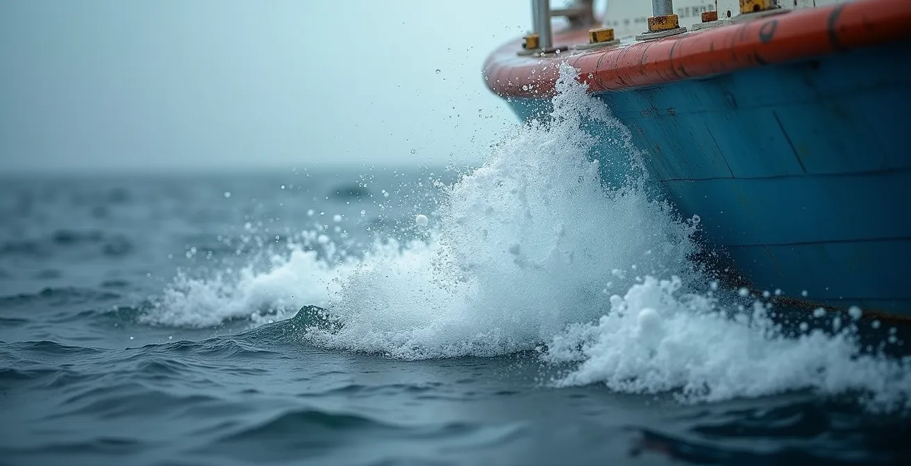 Macro detail of ocean waves and boat hull meeting Atlantic waters