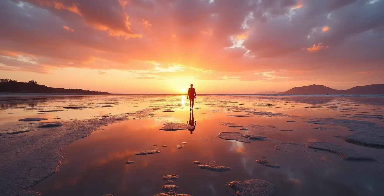 Wide panoramic view of sunset over St. Lawrence tidal flats with dramatic sky reflections