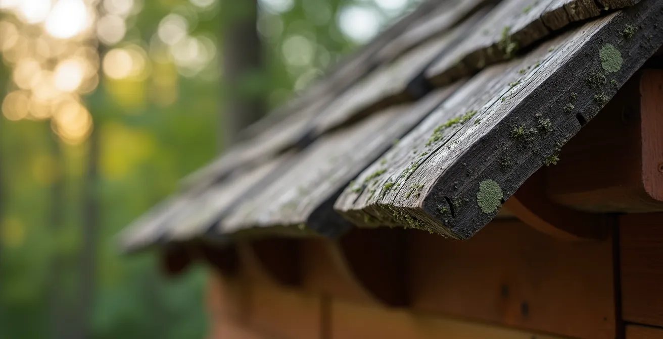 Close-up architectural detail of bell-cast eave on traditional Quebec roof