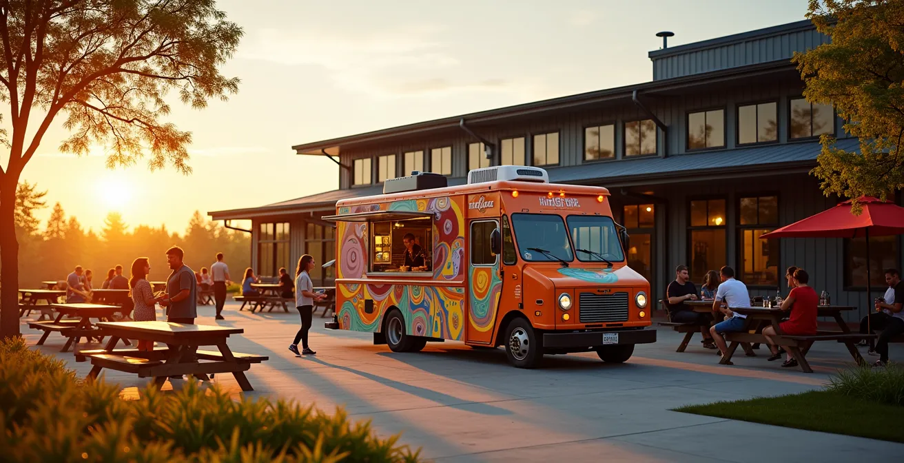 Wide shot of food truck parked outside Canadian brewery on summer evening