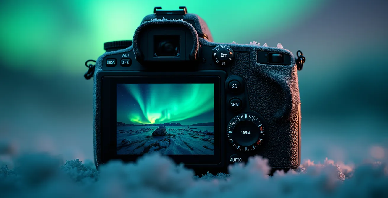 Macro view of camera LCD showing aurora exposure settings and histogram