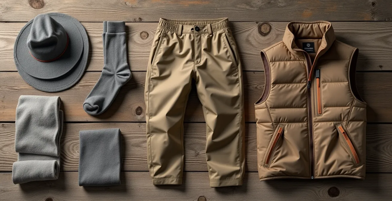 Flat lay of 12-15 core travel items including merino wool layers and technical fabrics