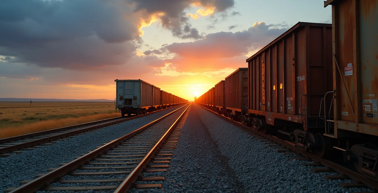 Long freight train crossing Canadian prairies with grain cars stretching to horizon
