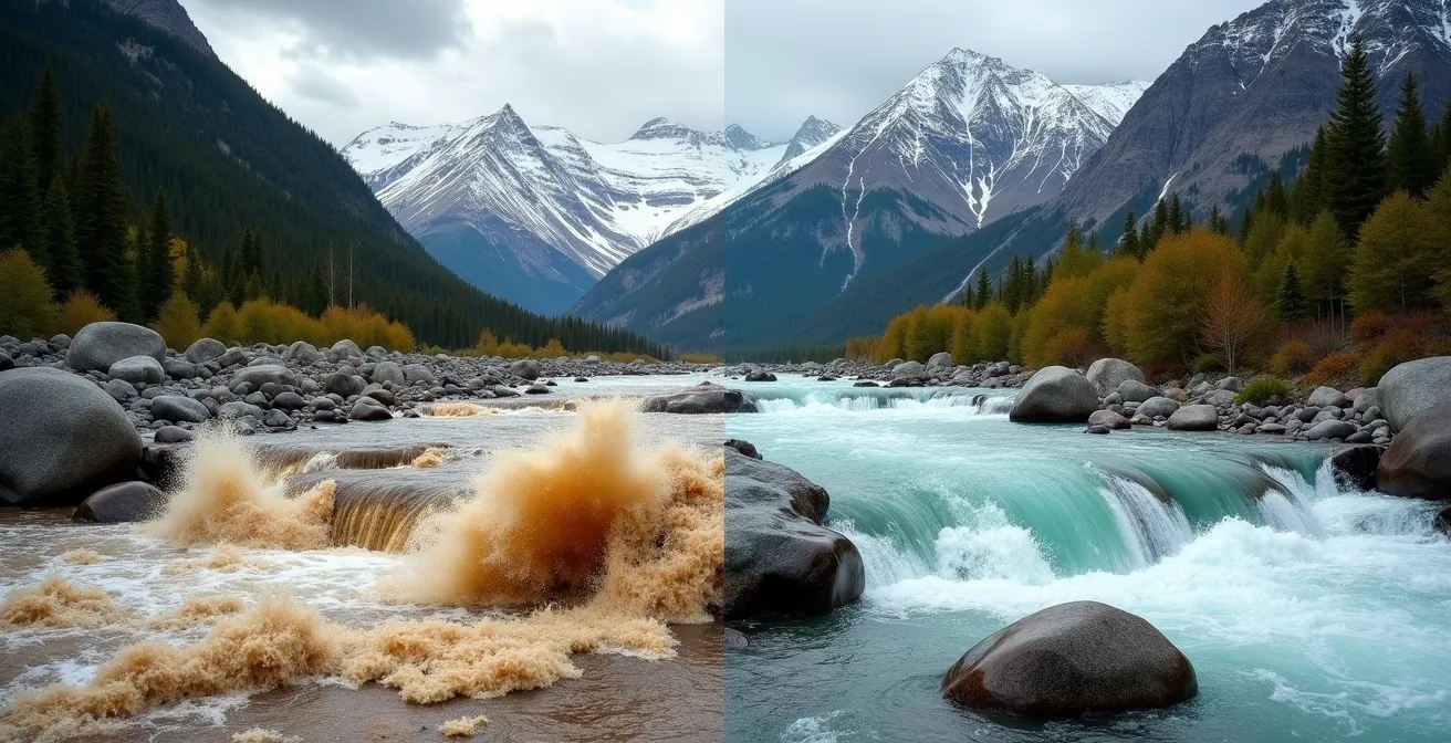 Split view showing powerful spring runoff rapids versus calmer summer flows on Canadian river