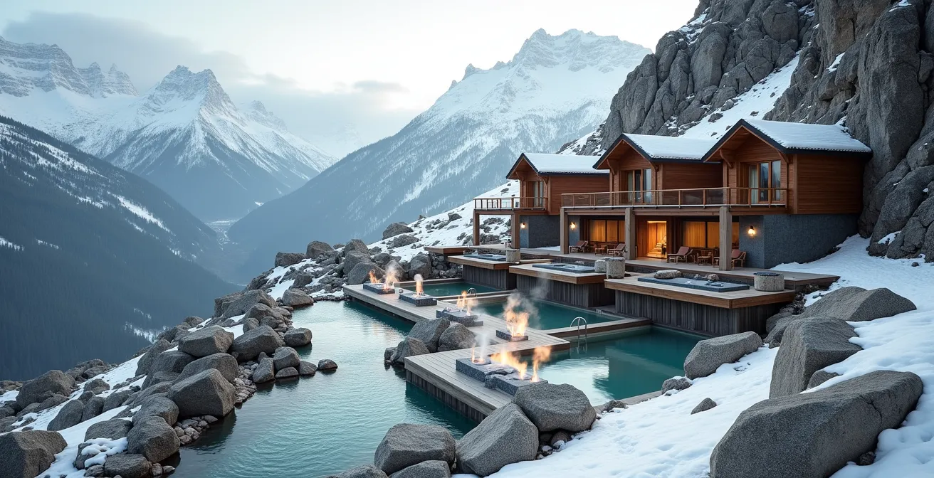 Wide aerial view of a mountain spa facility nestled in the Canadian Rockies, showing the altitude context and potential risks.