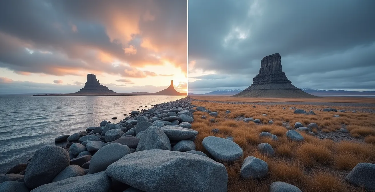 Split view comparing Churchill's coastal tundra with Tuktoyaktuk's Arctic Ocean pingos