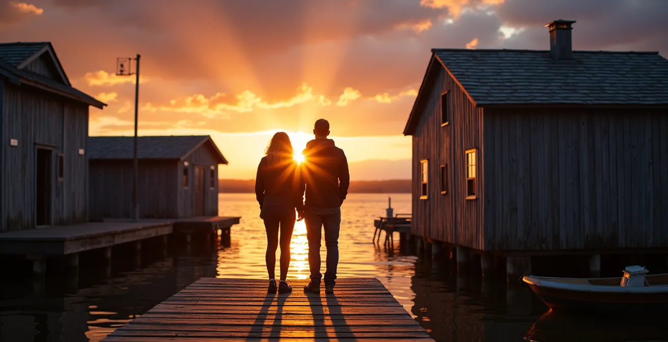 Maritime heritage buildings along Bas-Saint-Laurent coastline at sunset