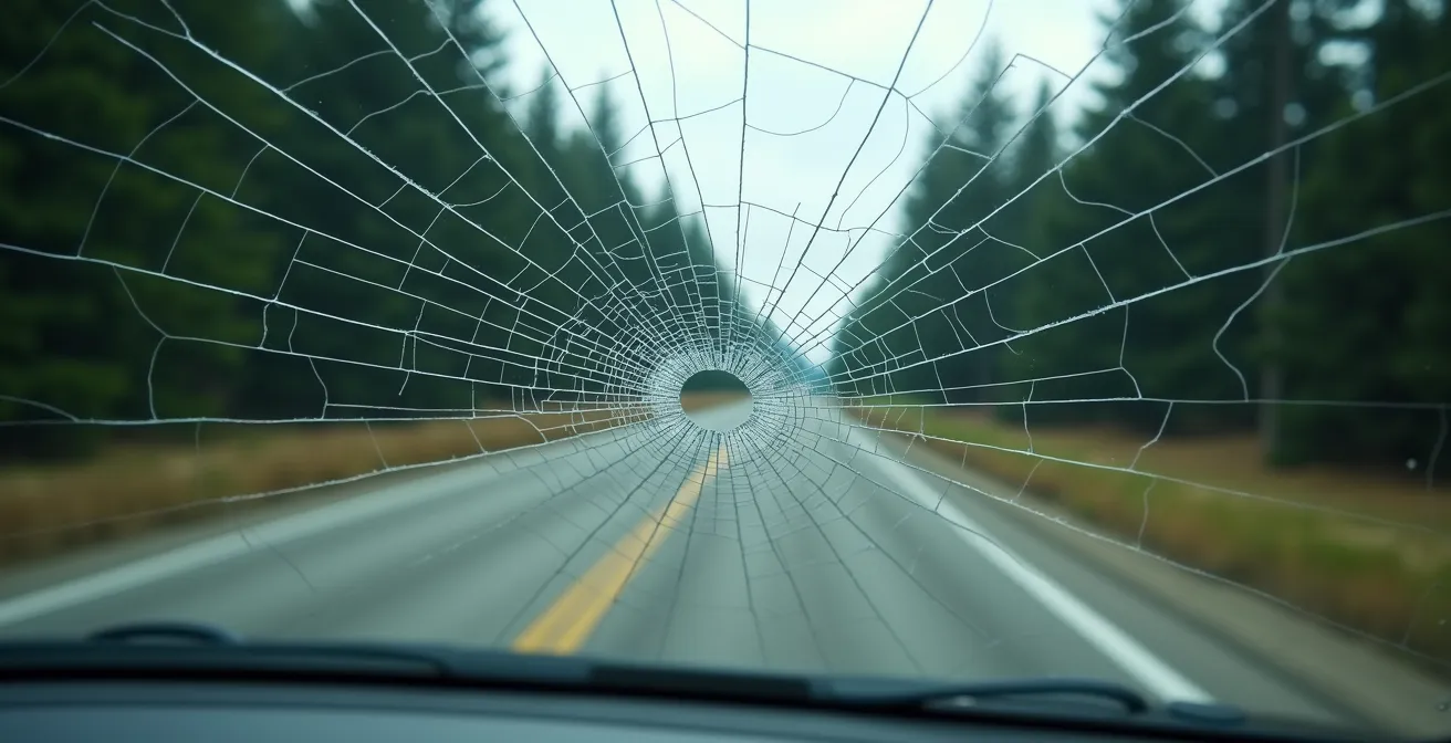 Close-up macro shot of a spider web crack pattern in RV windshield glass with gravel road reflection