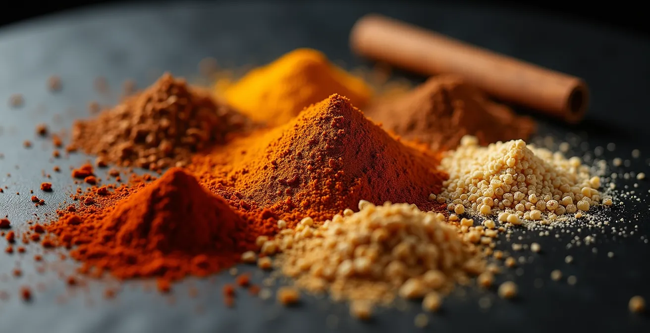 Macro shot of various spices including cinnamon and nutmeg arranged on dark surface