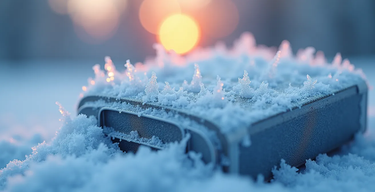 Frozen electric vehicle battery visualization showing temperature effects