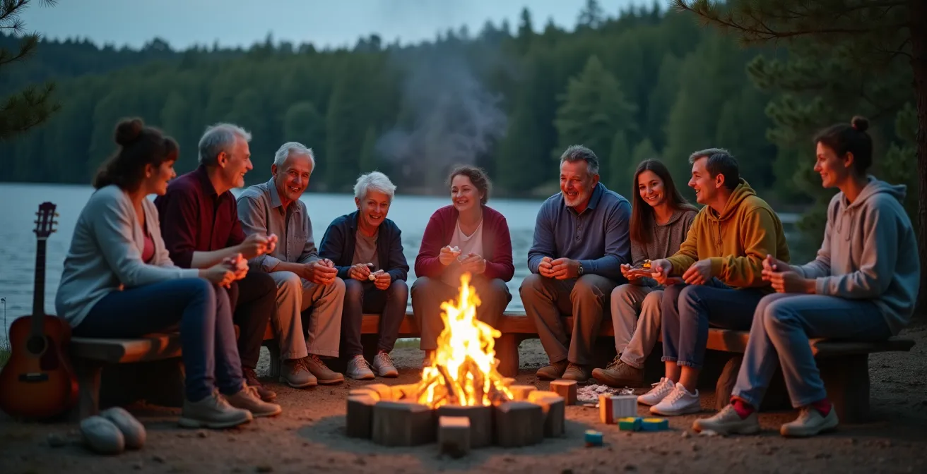 Families enjoying campfire activities and games at dusk in Canadian provincial park