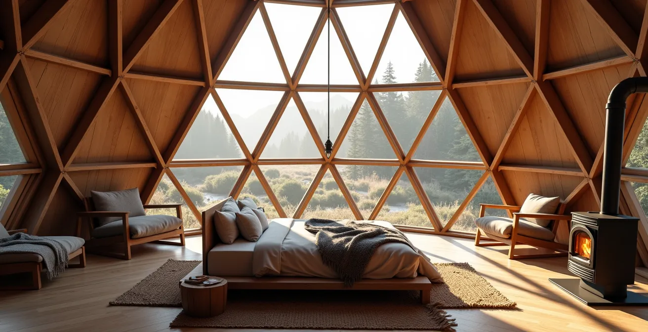 Luxurious geodesic dome glamping structure in Canadian forest