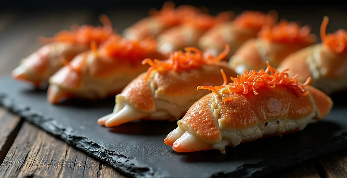 Close-up macro shot of green crab shells and roe being prepared for cooking