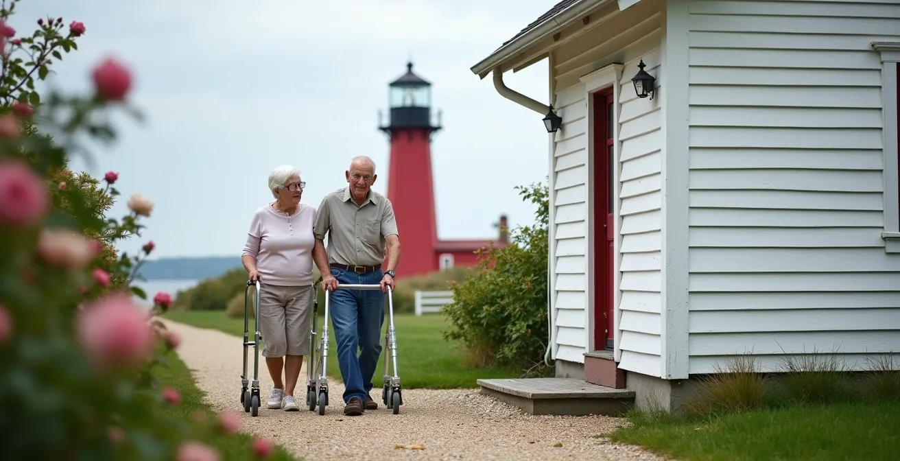 Ground-level entrance to a heritage lighthouse keeper's cottage with wide doorway and level path