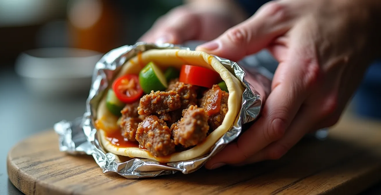 Close-up of hands wrapping a loaded Halifax donair in aluminum foil, showing the folding technique