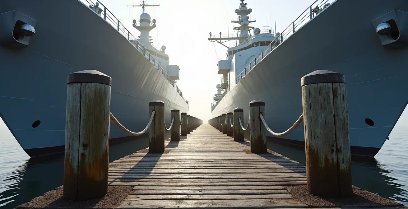 Then and now comparison showing historic wooden wharves alongside modern Royal Canadian Navy frigates