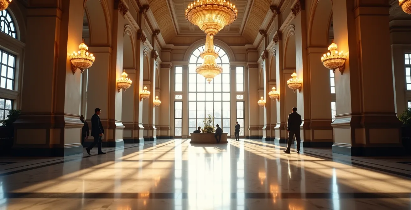 Sweeping view of historic Canadian railway hotel grand lobby with ornate details