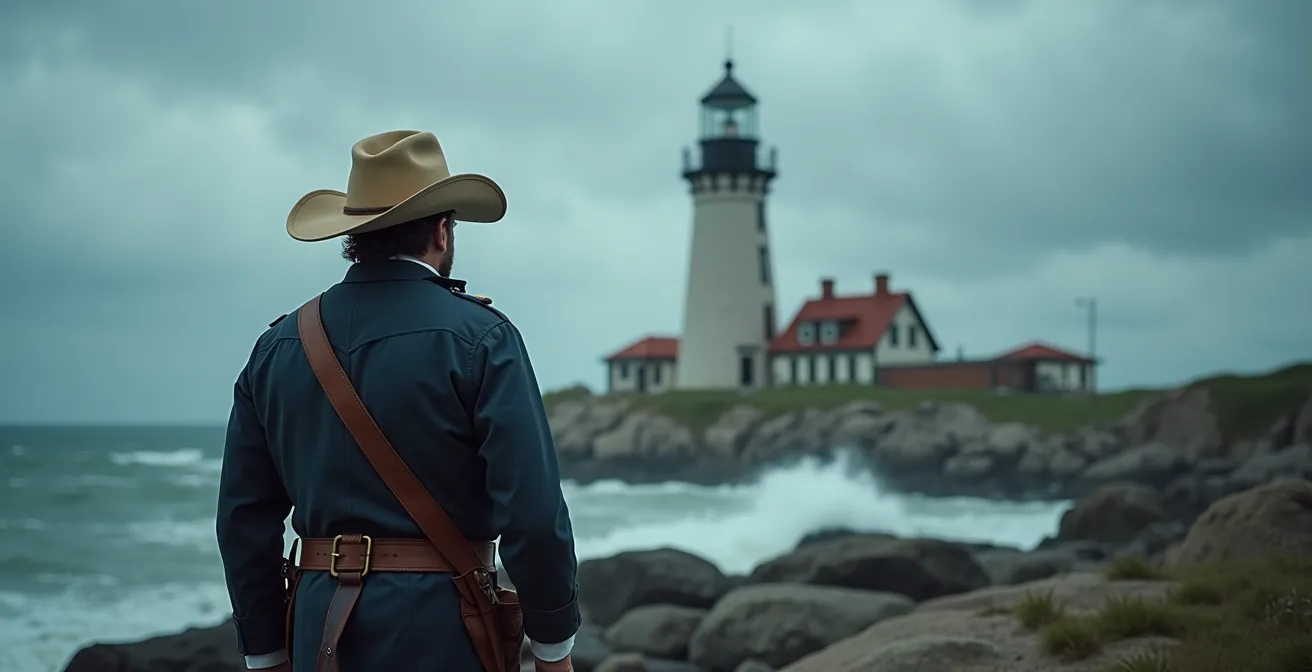 Dramatic view of historic lighthouse against stormy Atlantic sky