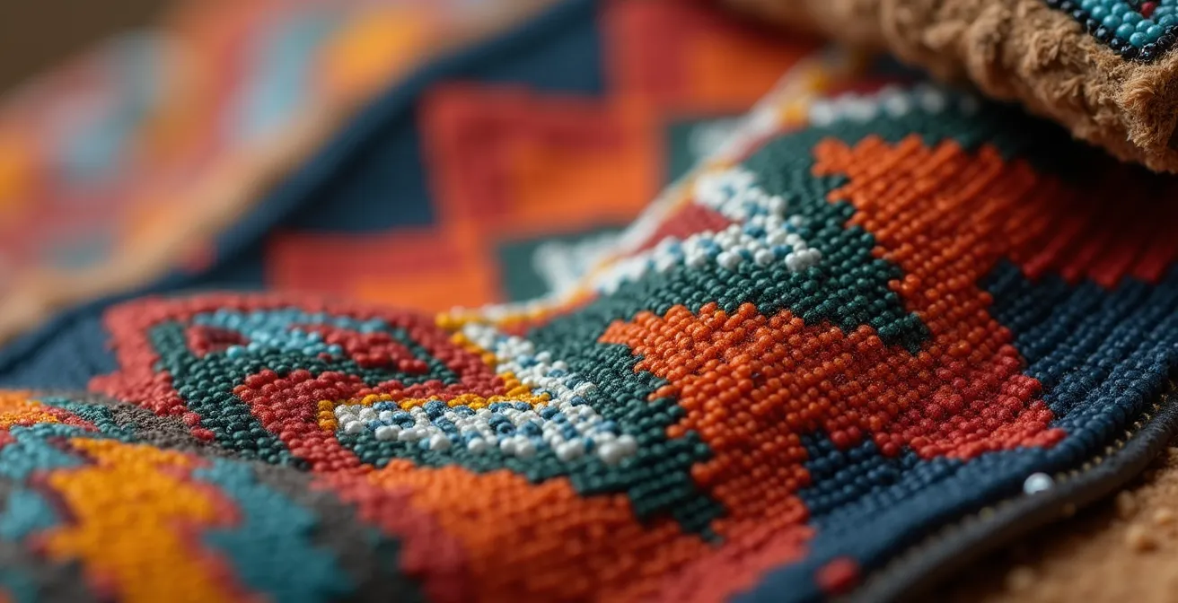 A gallery display showcasing the intricate beadwork and textures of traditional and contemporary Indigenous art