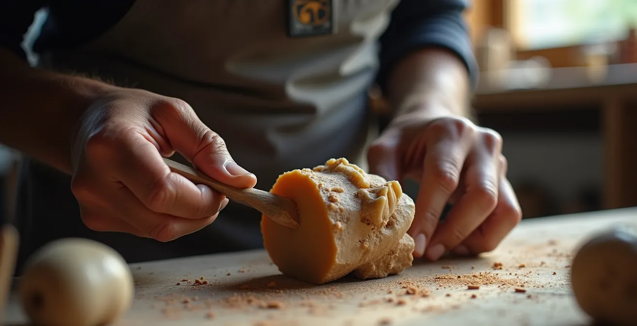 Indigenous artist working on traditional carving in bright studio space