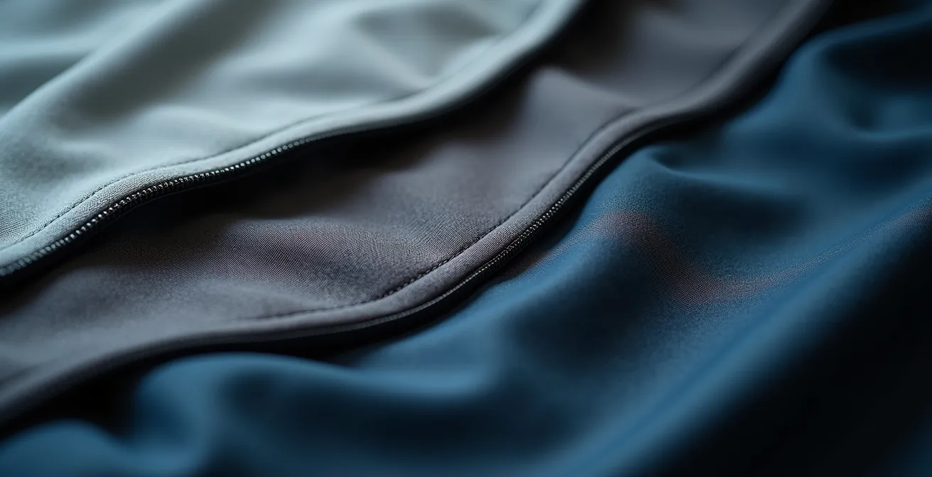 Macro detail shot of layered technical fabrics for mountain weather