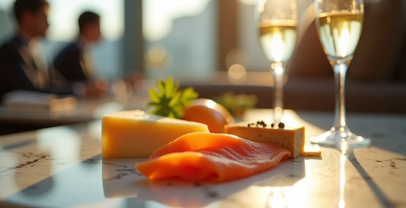 Luxurious hotel club lounge with breakfast buffet and evening cocktail setup