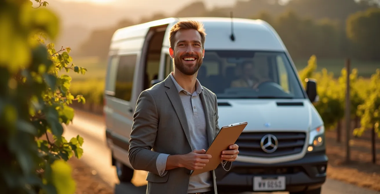 Professional tour guide standing beside luxury Mercedes Sprinter van in Okanagan vineyard setting