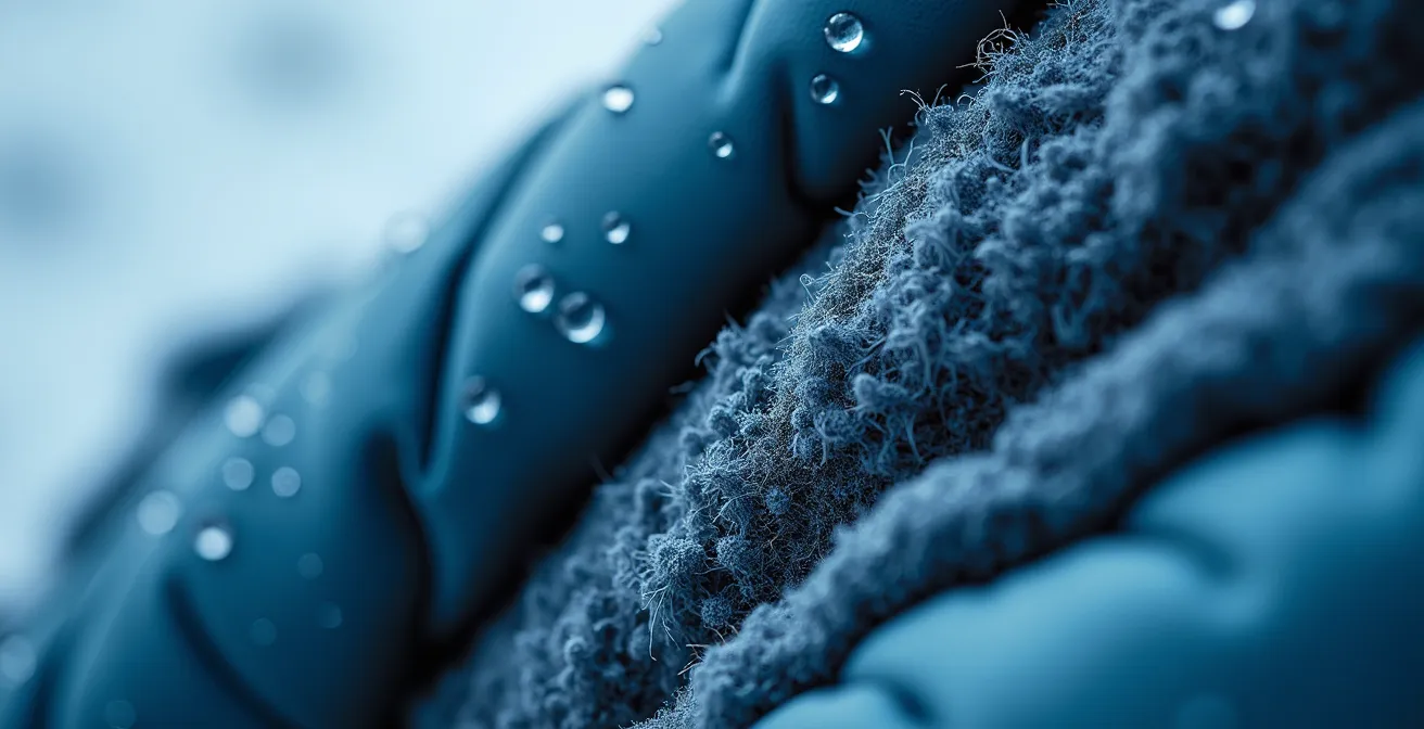 Extreme close-up of layered winter fabrics showing merino wool, fleece and waterproof shell textures