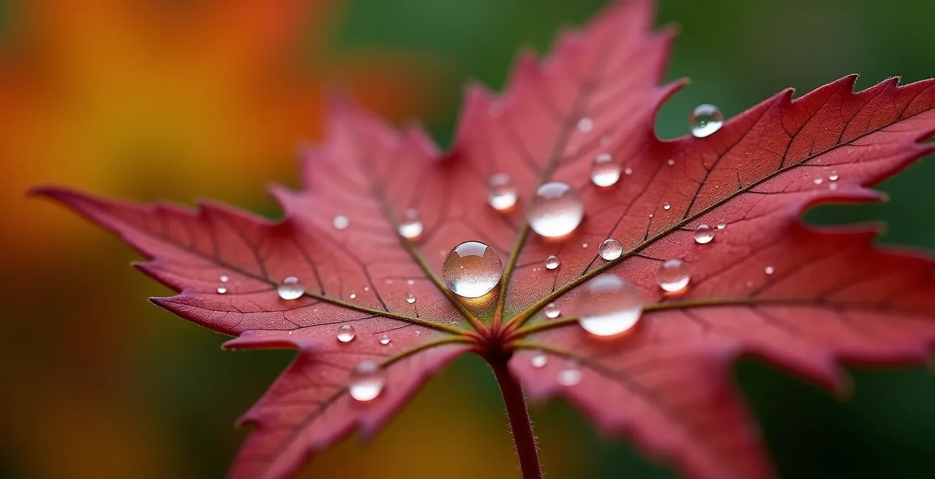 Extreme close-up of water droplets on a red maple leaf surface, symbolizing natural hydration in a Canadian context