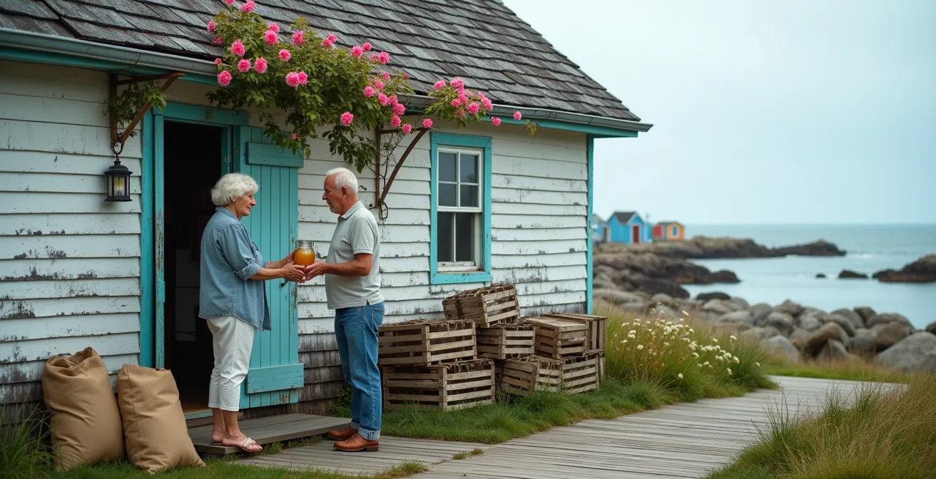 Guest offering homemade preserves to an elderly Maritime couple at the doorstep of a coastal cottage.