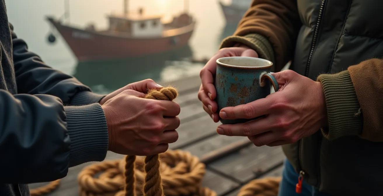 Early morning conversation between a visitor and a fisherman mending nets on a foggy Atlantic wharf.