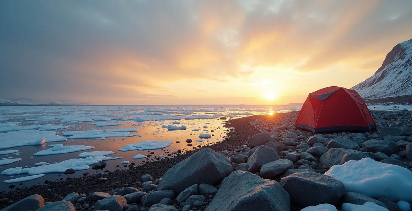 Panoramic Arctic coastal view during midnight sun with golden light