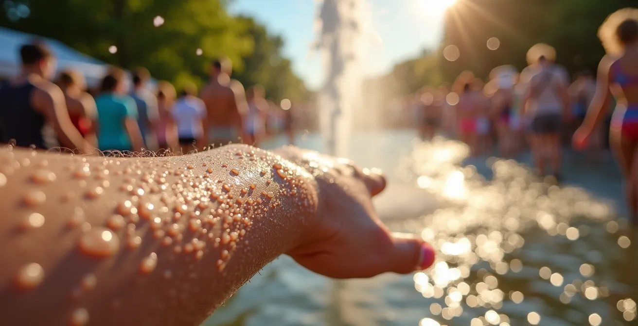 Extreme close-up of water droplets on skin with festival atmosphere blurred in background