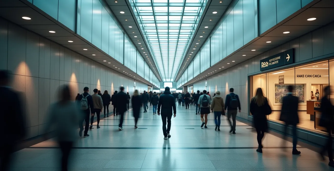 People walking through Montreal's underground RESO network with directional signage and cool lighting