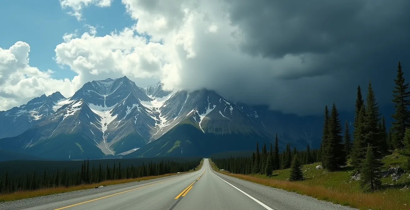 Dark storm clouds approaching over a mountain ridge, signaling a dramatic weather change in the Rockies.