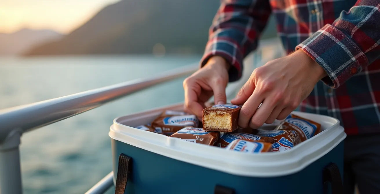 Cooler with wrapped Nanaimo bars on BC ferry deck with ocean view