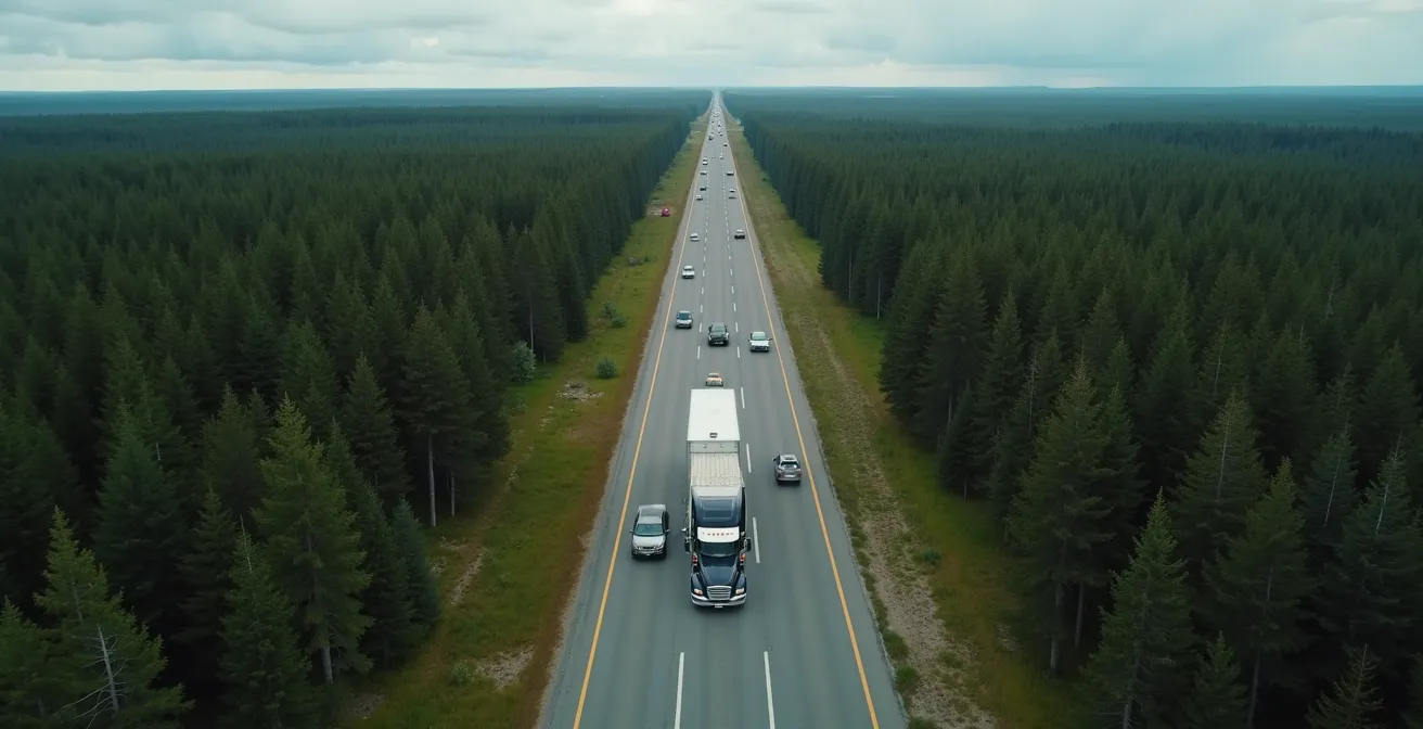 Aerial view of single-lane highway through Northern Ontario wilderness showing passing challenges