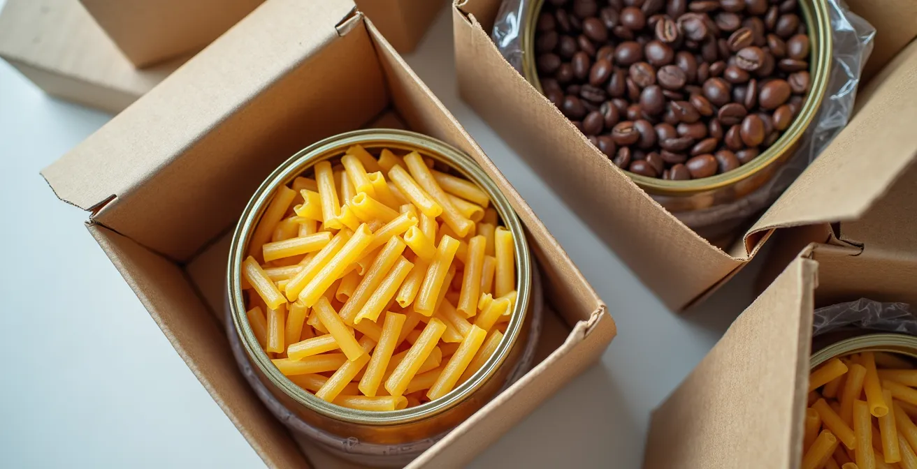 Organized shipping boxes with non-perishable food supplies prepared for northern Canada transport