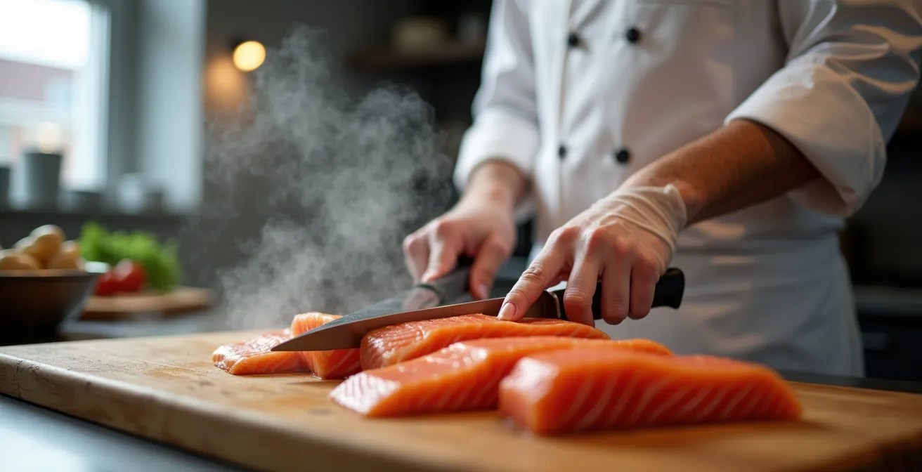 Chef preparing Ocean Wise certified seafood in professional kitchen