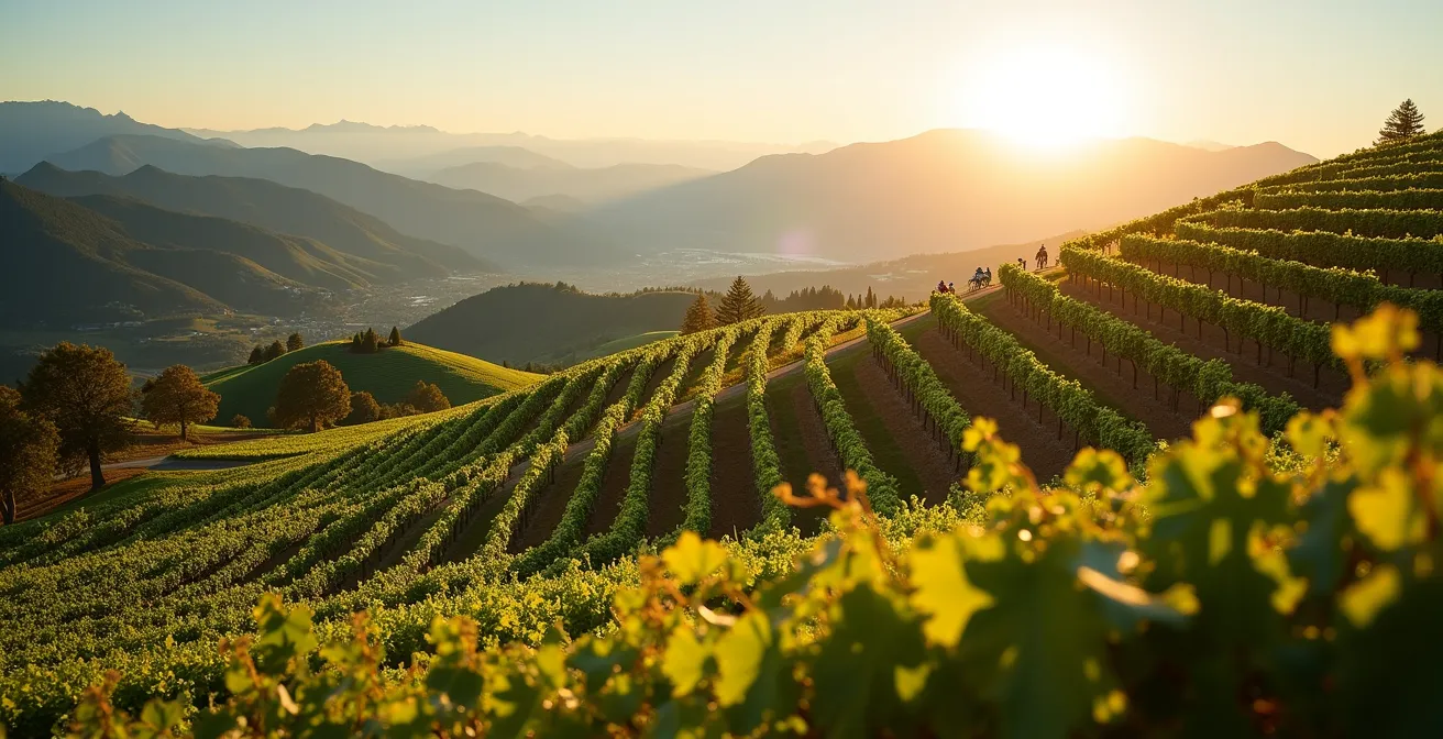 Panoramic view of Okanagan Valley vineyard terraces with a tour van driving along a scenic route.