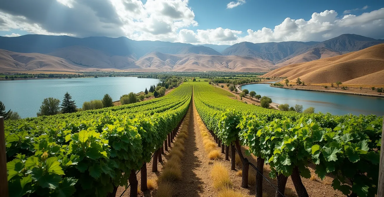 Split-view landscape showing Kelowna's lakeside vineyards versus Oliver's desert wine country