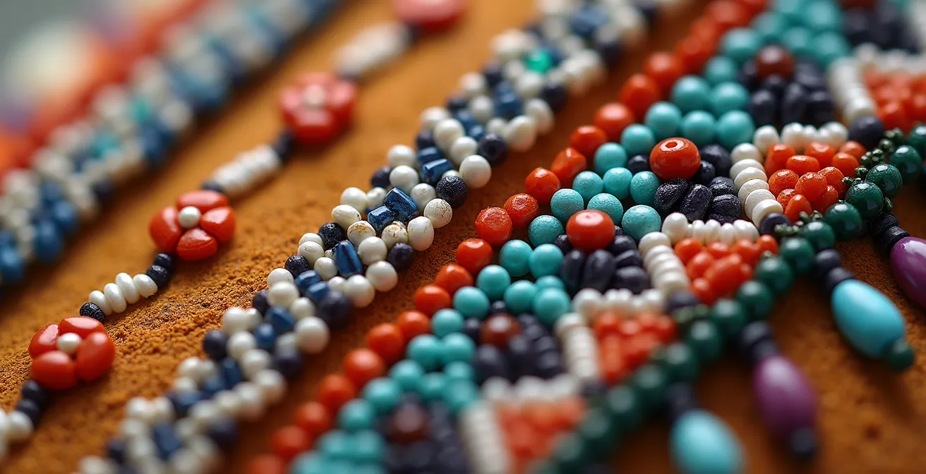 Extreme close-up of traditional Indigenous beadwork showing intricate patterns and craftsmanship