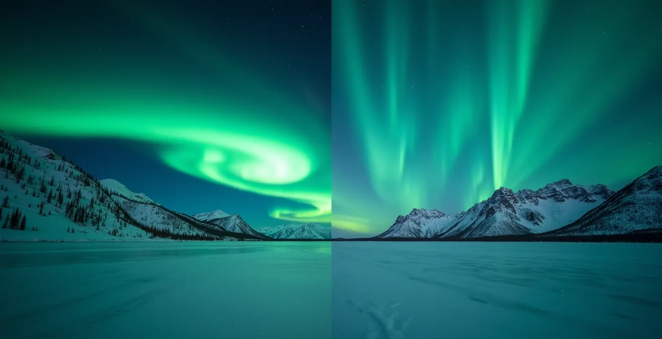 Split-screen comparison of aurora viewing landscapes in Yellowknife and Whitehorse