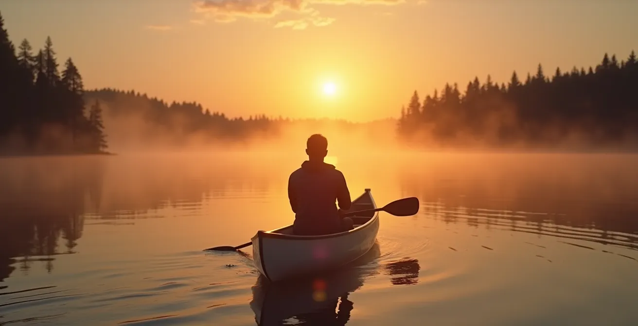 Person peacefully paddling canoe on misty Canadian lake at sunset